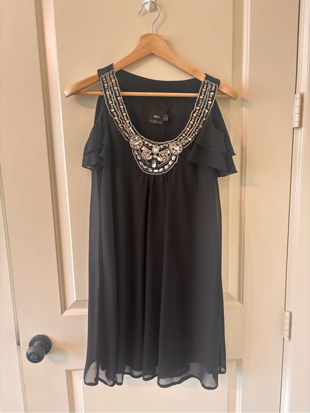 ASOS Black Beaded Rhinestone Cold Shoulder Babydoll Cocktail Dress 4